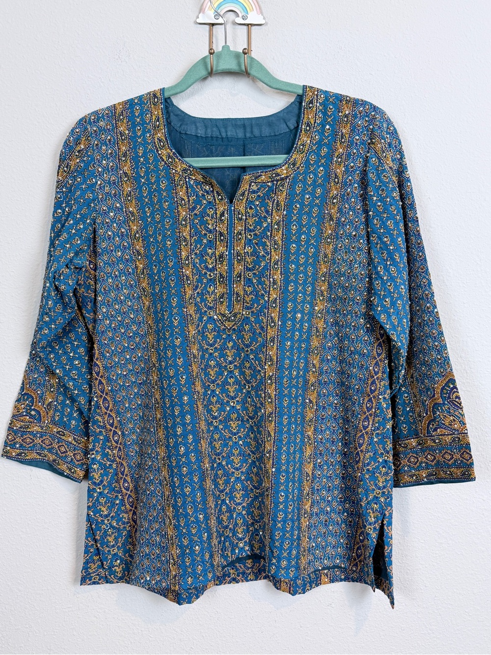 Teal & Gold Embroidered Embellished Split-Neck Tunic Top Made in India S